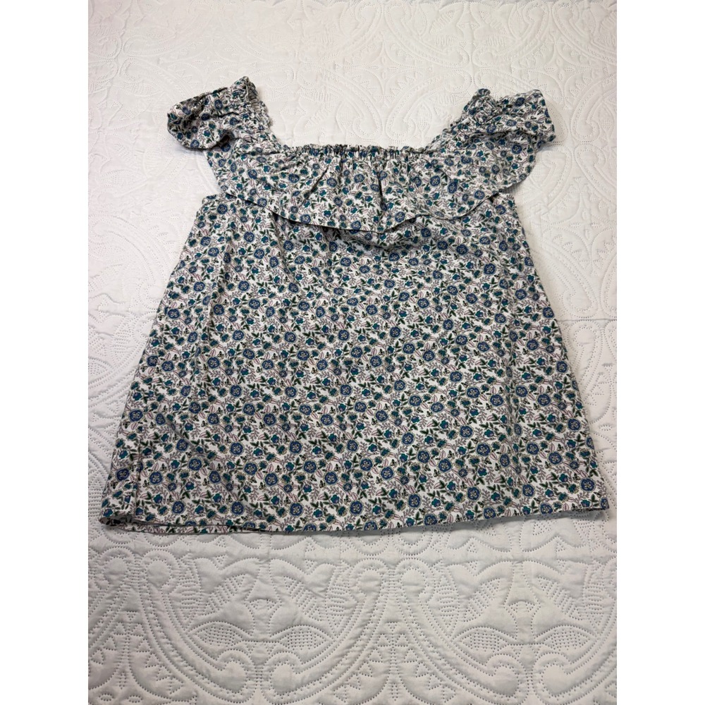 LOFT Womens Blue Green Floral Off The Shoulder Linen‎ Blend Ruffle Blouse Small